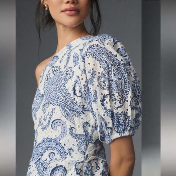 FARM Rio Anthropology Blue and White one shoulder Asymmetrical Ruffled Sundress - Picture 3 of 7